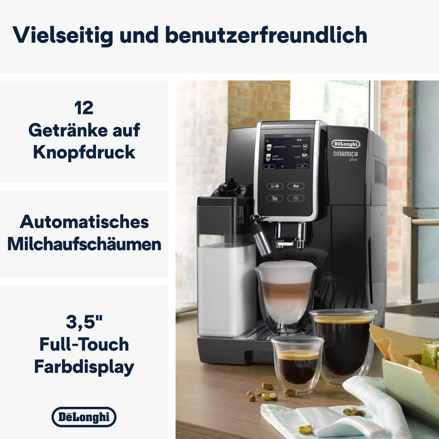 De'Longhi Dinamica Plus ECAM 370.70.B Kaffeevollautomat mit LatteCrema Milchsystem, Cappuccino & Espresso, 3,5 Zoll TFT Touchscreen Farbdisplay und App-Steuerung, Kaffeekannen-Funktion, schwarz