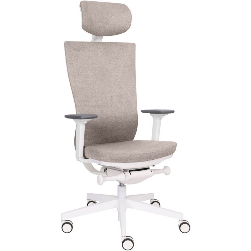Chaise de bureau ergonomique Marti, tissu, mécanisme synchrone + réglage profondeur d'assise, appui-tête, accoudoirs 3D , piètement roulettes blanc