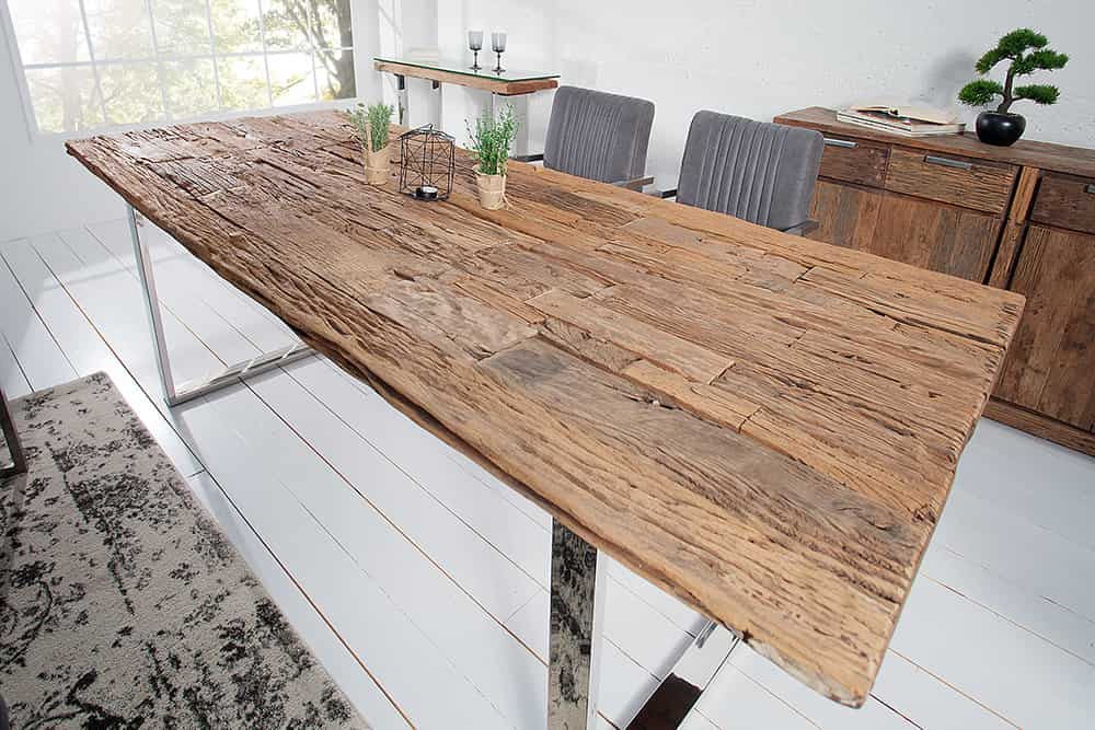 Massiver Esstisch BARRACUDA 180cm antik Teak Holz mit Stahl Kufenfüßen inkl. Glasplatte