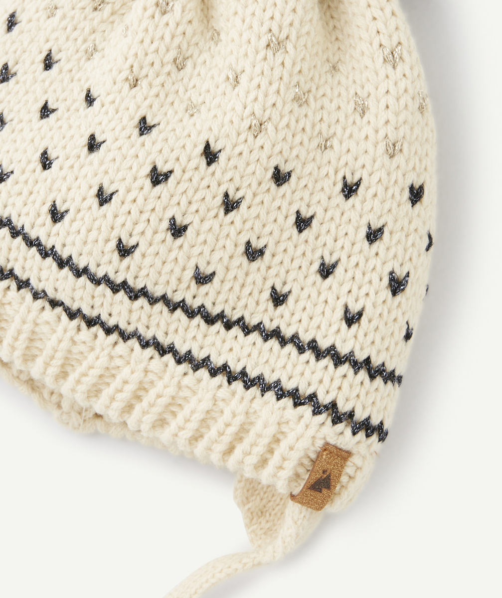 BONNET TRICOT BÉBÉ FILLE BEIGE ET BLEU AVEC POMPON ET DÉTAILS PAILLETÉS