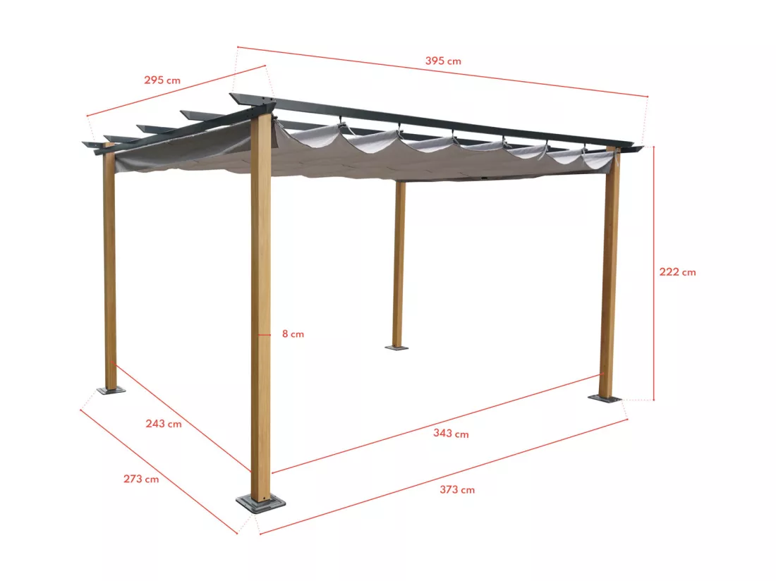 Tonnelle/Pergola en aluminium 3x4m toile coulissante rétractable - bois et gris - HAWAI