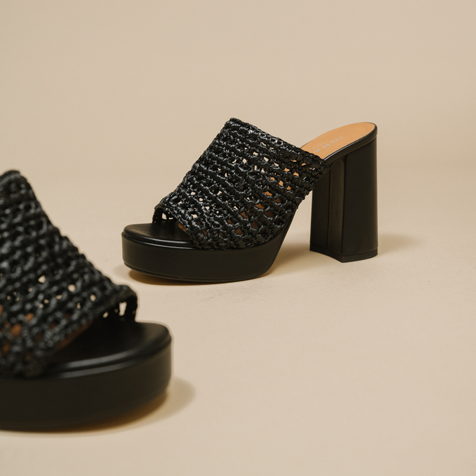 Mules ajourées à plateformes  en raphia noir