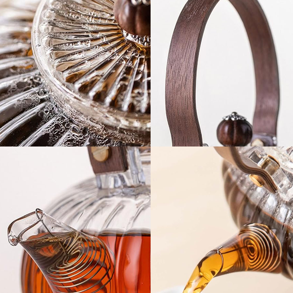 (900ml) Glas Tee Kanne mit Spiral Ausguss Teebereiter Karaffe mit Holz Griff Getränke Krug - Grau / Braun