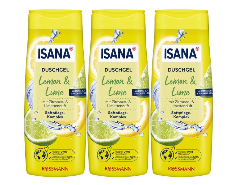 Isana Duschgel Limette und Zitrone 3 x 300 ml Pflegendes Duschmittel mit erfrischendem Zitronenduft