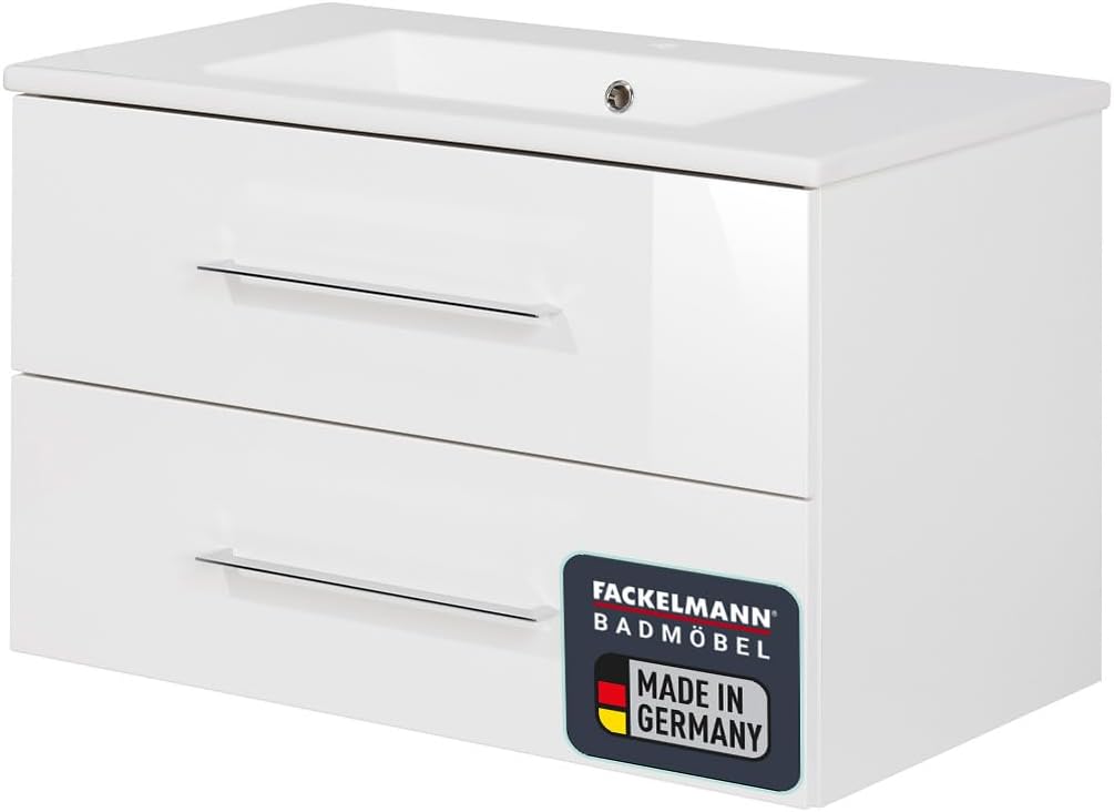FACKELMANN B.PERFEKT Badmöbel Set 82 cm, Waschbecken mit Unterschrank in Weiß Hochglanz, Korpus Weiß matt, Maße (82 x 48,7 x 47 cm), Made in Germany