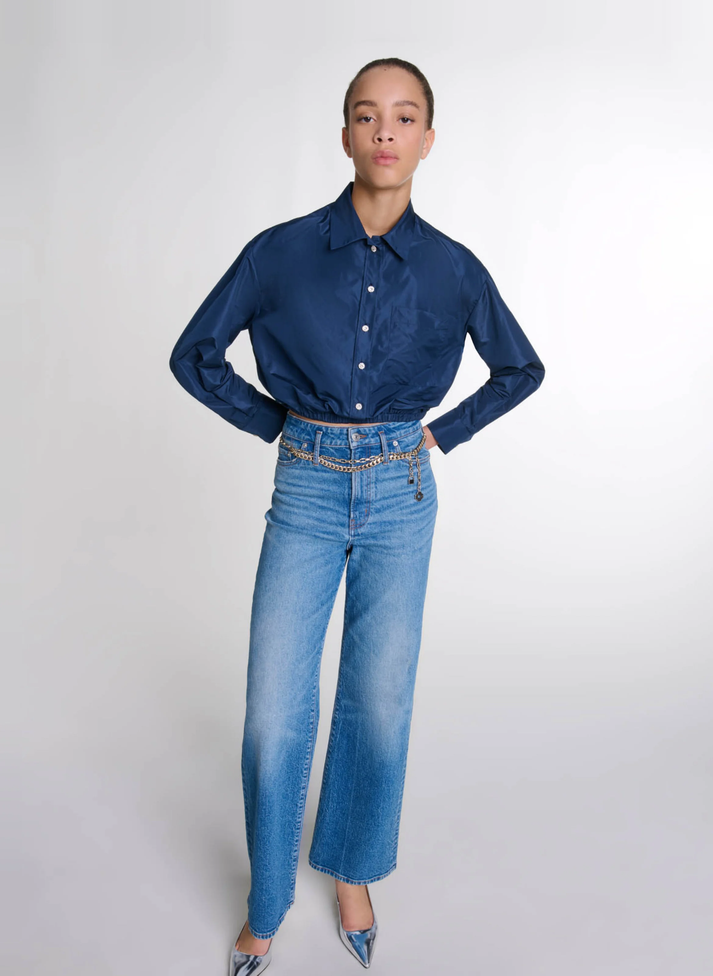 Chemise courte satinée| Bleu