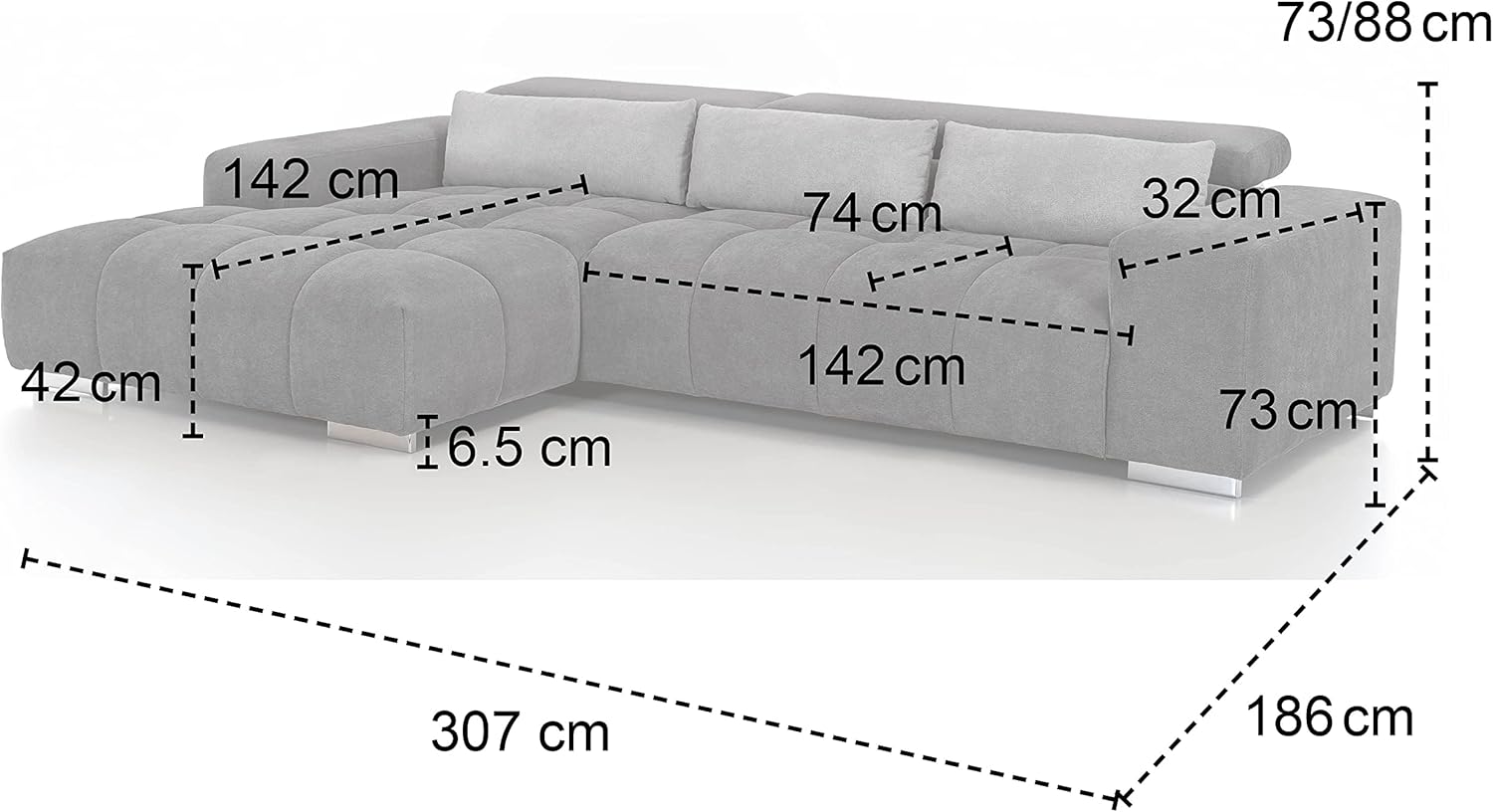 Mivano Eckcouch Orion / Großes Ecksofa mit XL-Recamiere inkl. Relaxfunktion, Kopfteilfunktion und Kissen / 307 x 73 x 186 / Velours, Grau