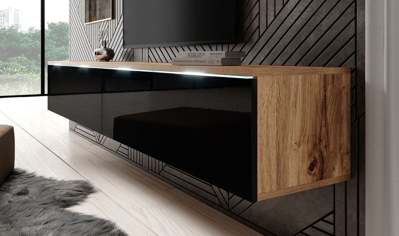 Meubella - TV-Meubel Dixon - Zwart - Eiken - 180 cm