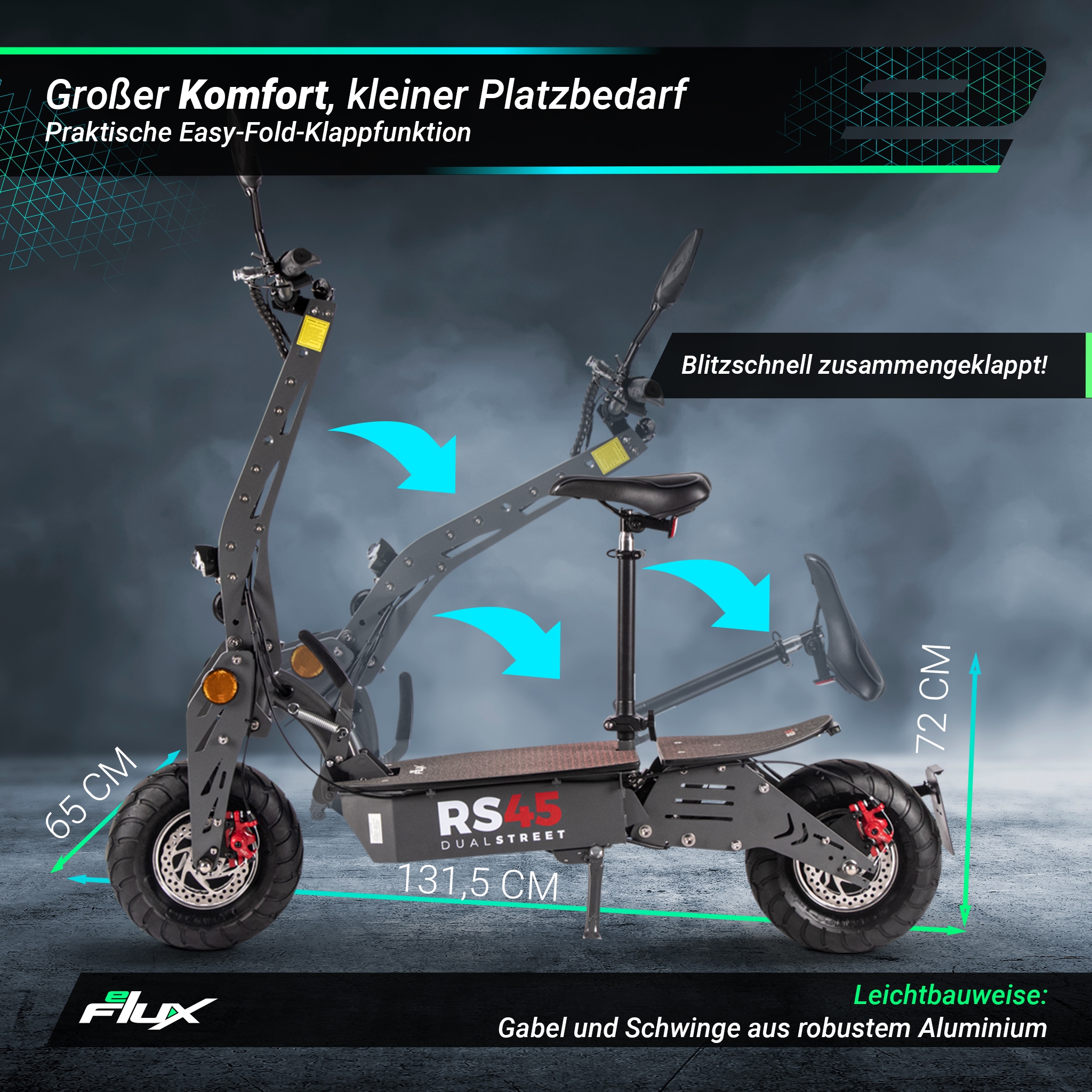 eFlux RS45 Pro E-Scooter, mit Straßenzulassung, Sitz, 45 km/h, 2.000 Watt, Allrad-Antrieb, klappbar (Schwarz)
