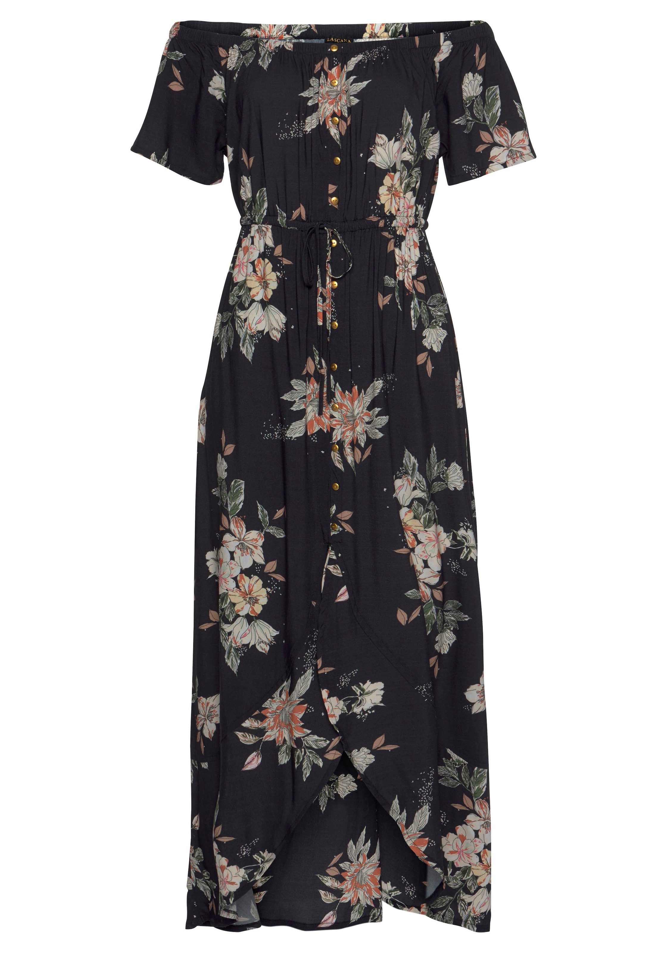 LASCANA Maxikleid im angesagten Vokuhila-Schnitt und Carmenausschnitt, Sommerkleid