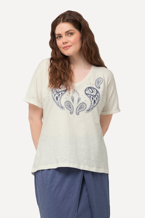 T-Shirt, Flockdruck, V-Ausschnitt, Halbarm, Biobaumwolle