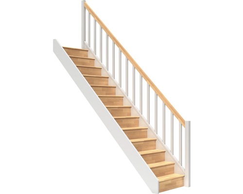 Pertura Elenie trapboom, beuken gelamineerd hout met stootborden, gelakt, recht, 83,5 cm, 14 treden / 15 stootborden, balustrade