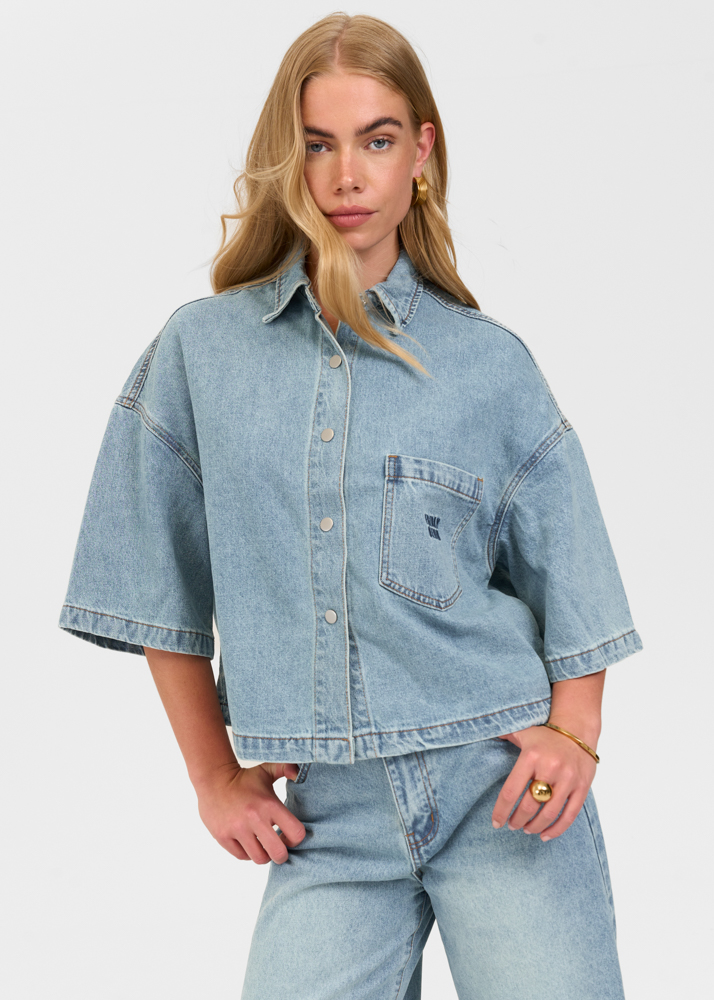 Denim blouse korte mouw smokey blauw