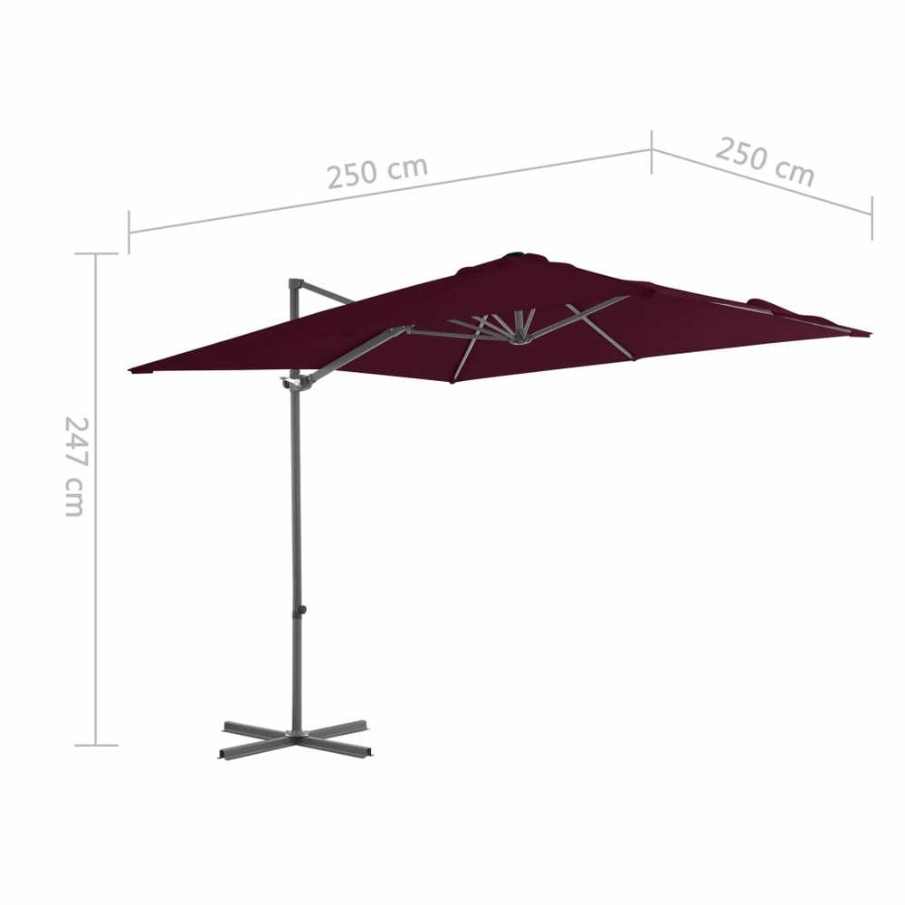 Parasol déporté avec mât en acier 250 x 250 cm rouge bordeaux