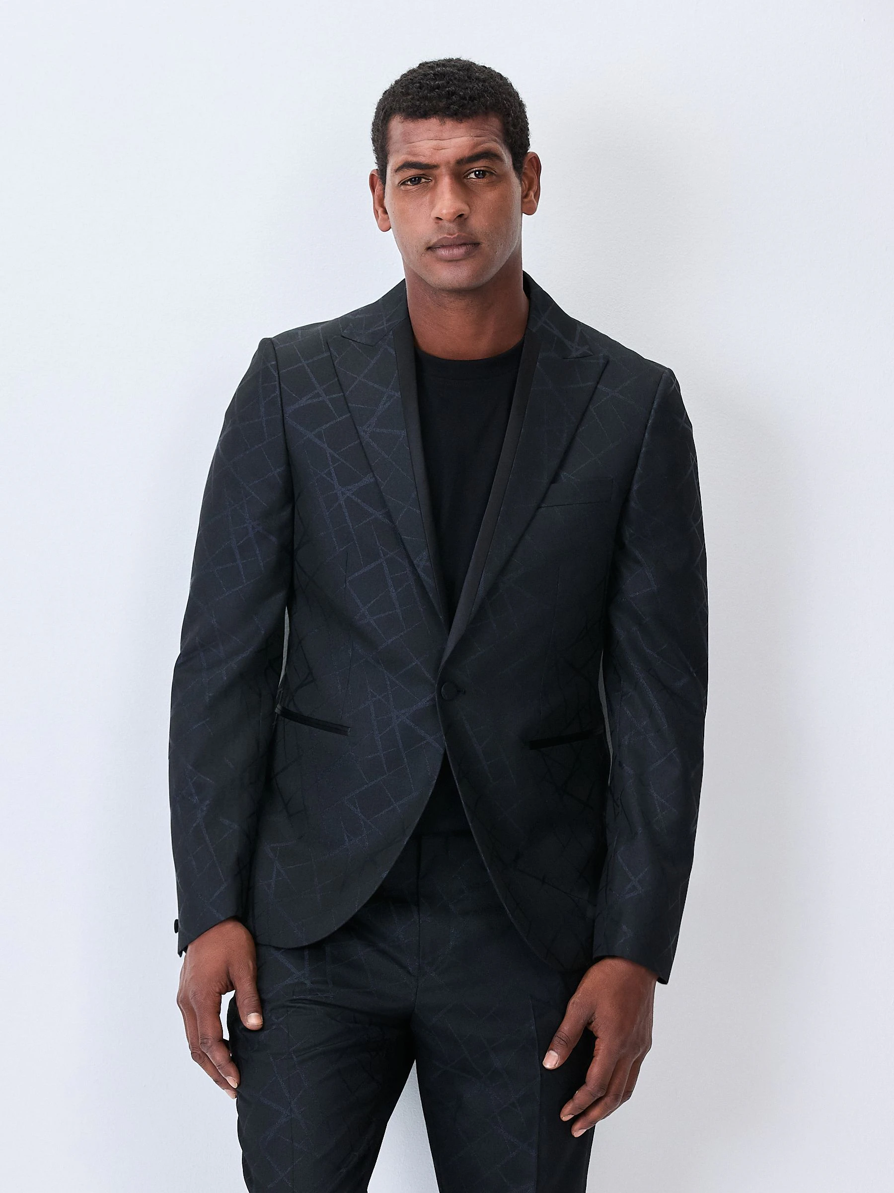 Zwart - Slim Fit Jacquard Texture Tuxedo Suit Jacket