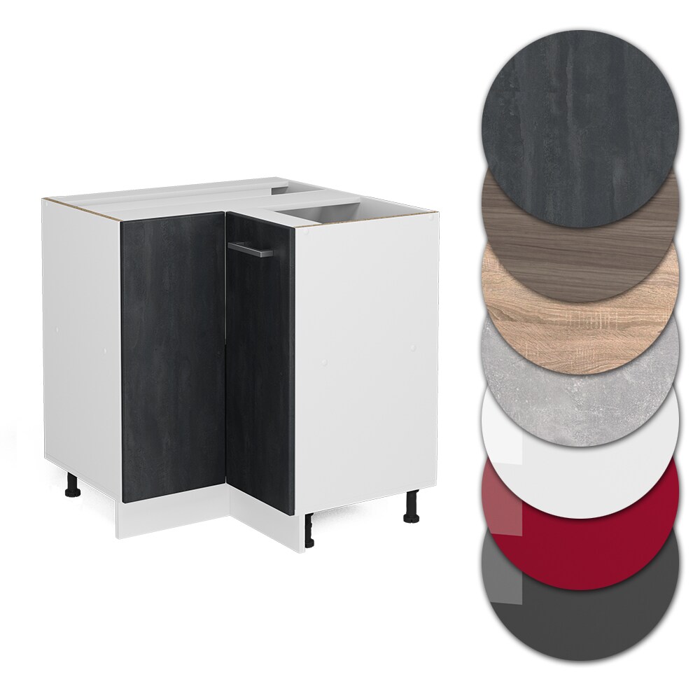 Vicco Eckunterschrank R-Line Schwarz Beton Weiß 87 cm mit Arbeitsplatte Eiche