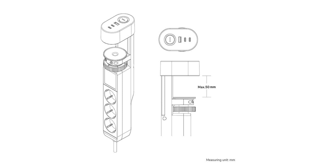 NeomountsDS22-840BL6 Bureaucontactdoos met klem en USB-C en USB-A poorten - Quick-charge stekkerdoos  (Zwart)