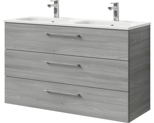 Pelipal Sunline 121 badkamermeubelset (B x H x D): 121 x 74 x 46 cm, frontkleur sangallo grijs, met dubbele wastafel van mineraal gegoten mineraal en badmeubel met 3 laden