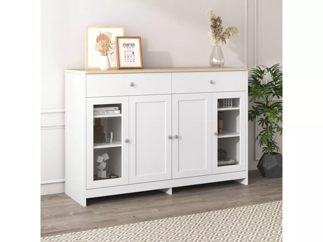 Buffet en bois avec finition blanche, 4 portes, 2 tiroirs et porte