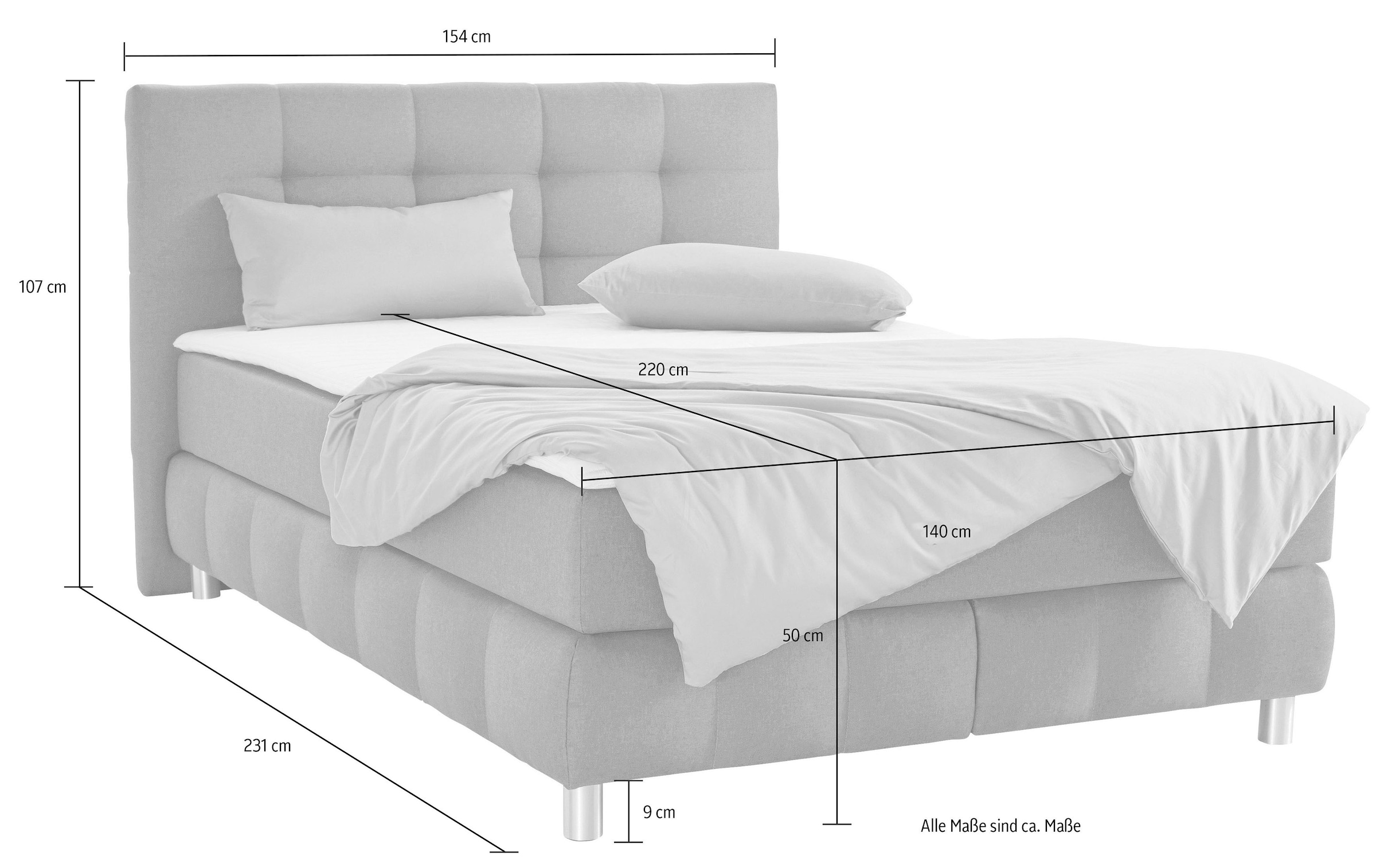 andas Boxspringbett »Salo XXL« in Samtoptik oder Struktur, 6 Breiten in Überlänge 220cm, 4 Härtegrade