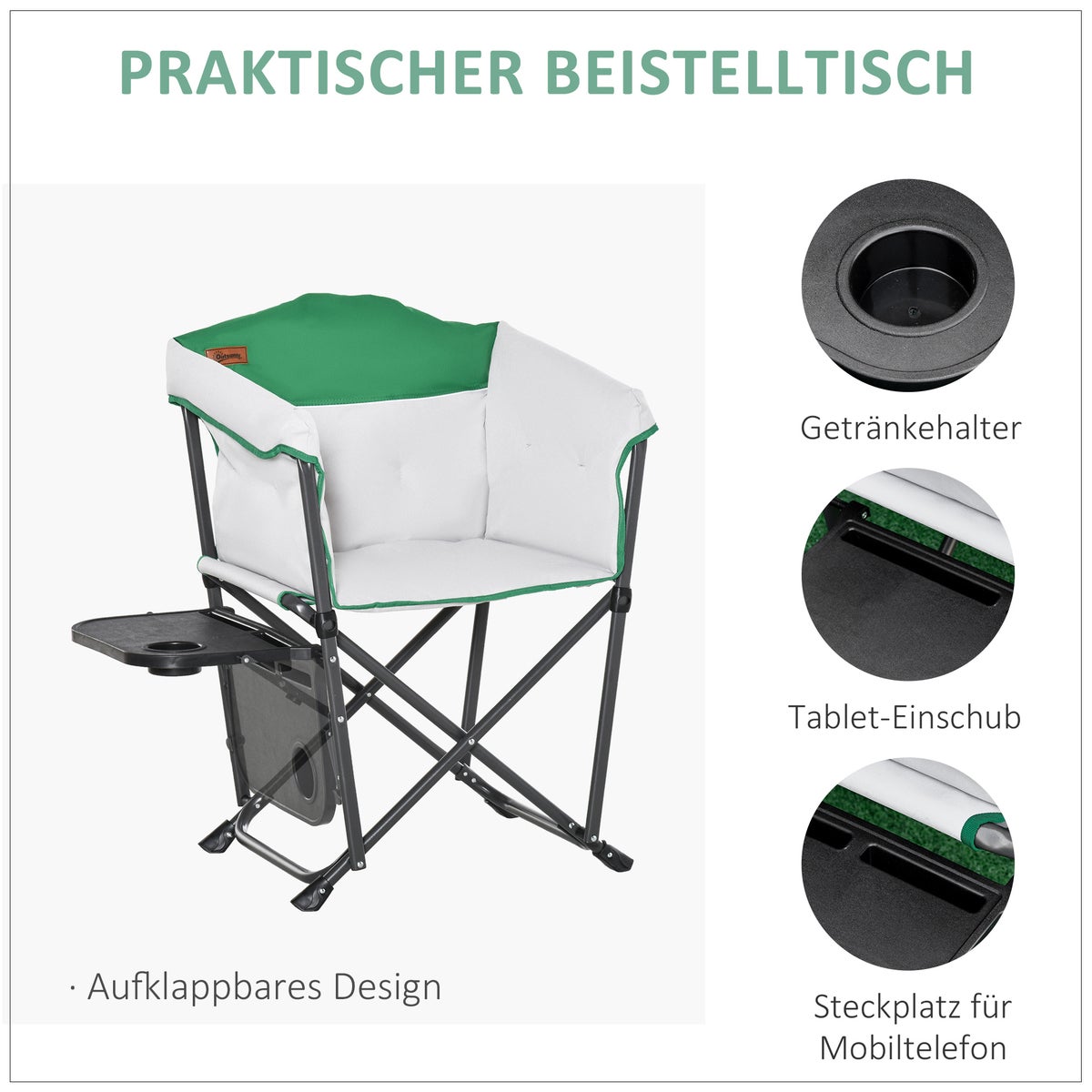 Outsunny Campingstoel, opvouwbare stoel, met bekerhouder, draagbaar, 83 x 64 x 90 cm, Oxford-stof, wit + groen
