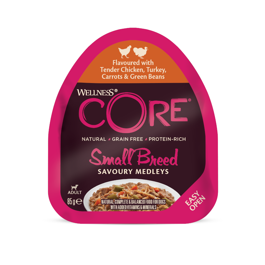 Pote de 85g de ração para cães de raças pequenas Wellness Core, sem grãos, com frango e peru.