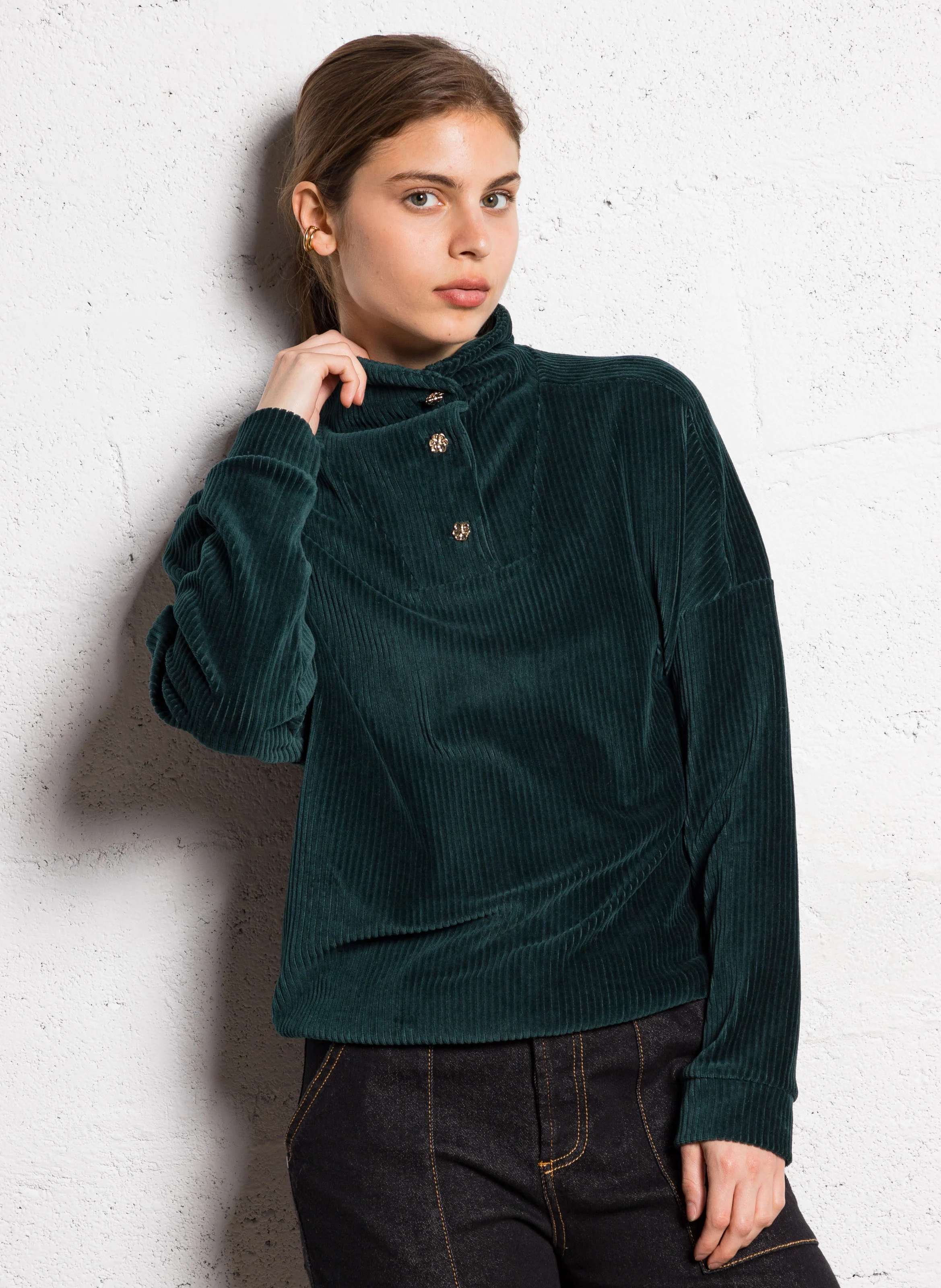 Sweat col montant boutonné en coton mélangé| Vert
