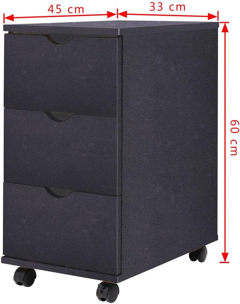 Schubladenelement auf Rollen, 33x45x60 cm, Schwarz, Holzwerkstoff, 3 Schubladen, mobiler Rollcontainer für Büro & Zuhause, vielseitiger Stauraum