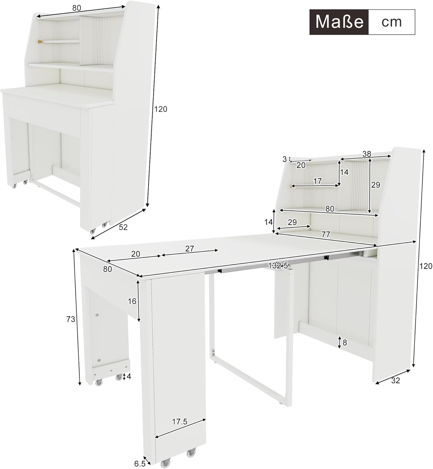 Ausziehbarer Esstisch klein, Einweg-Ausziehtisch, Weiß Esszimmer-Stauschrank, Platzsparender Multifunktions-Esstisch, 52/132.5x80x76cm