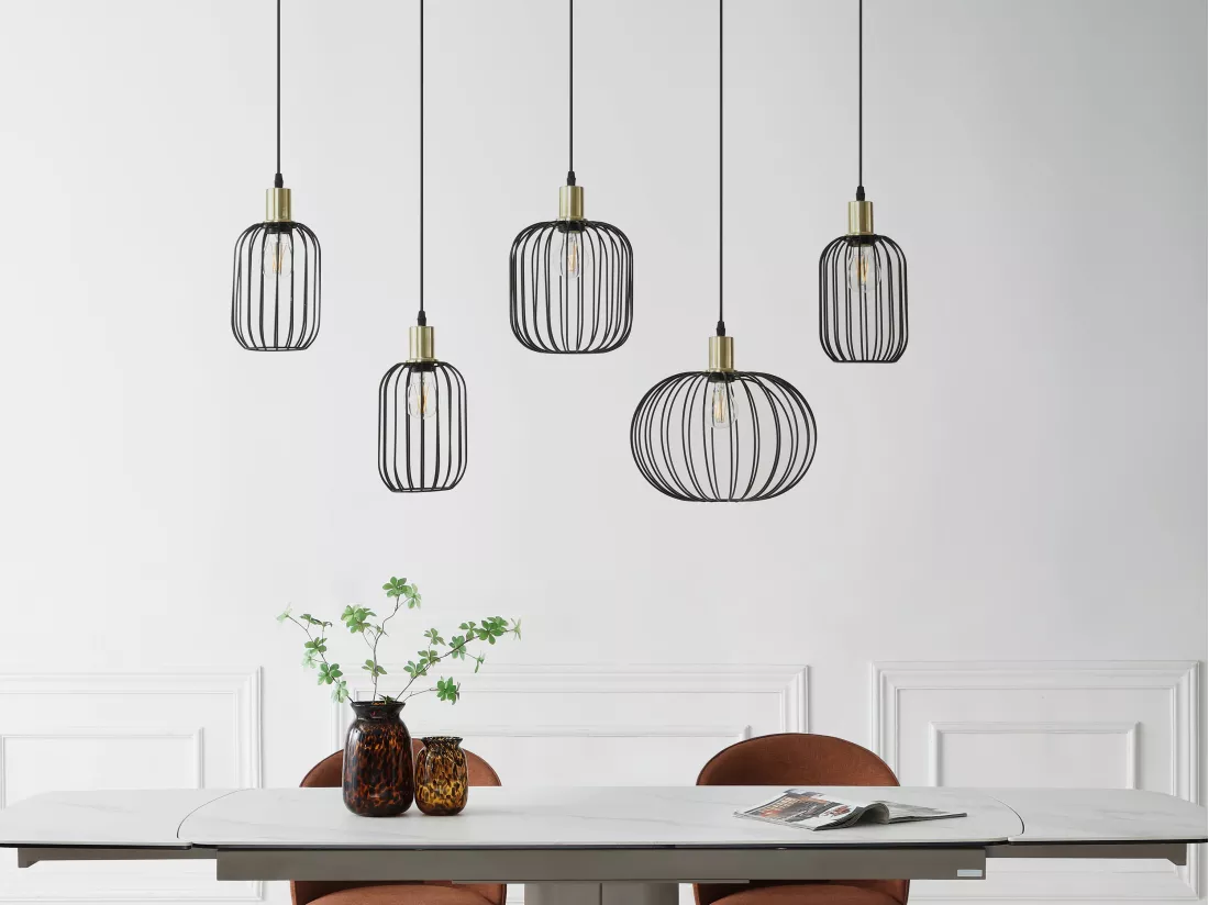 Lustre industriel en métal - 5 abat-jours - L. 110 x H.125 x P. 30 cm - Noir - FATICK