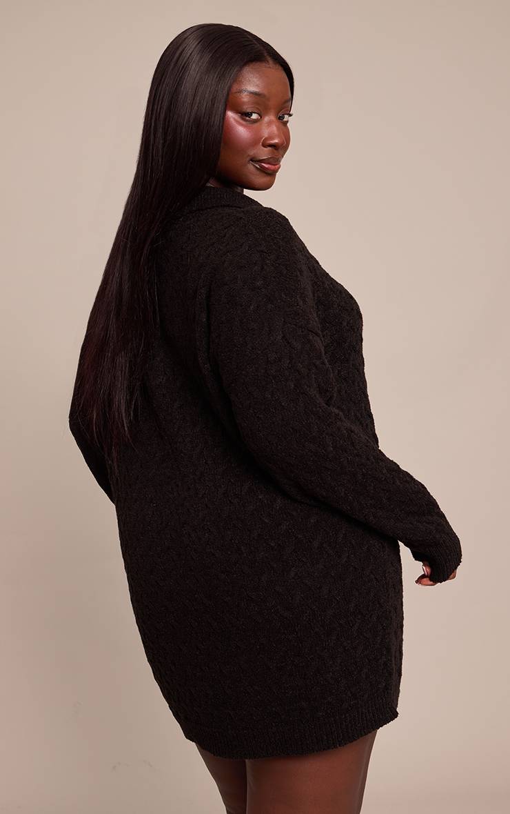 Noir Robe Chemise Mini En Maille Bouclée Torsadée Grande Taille