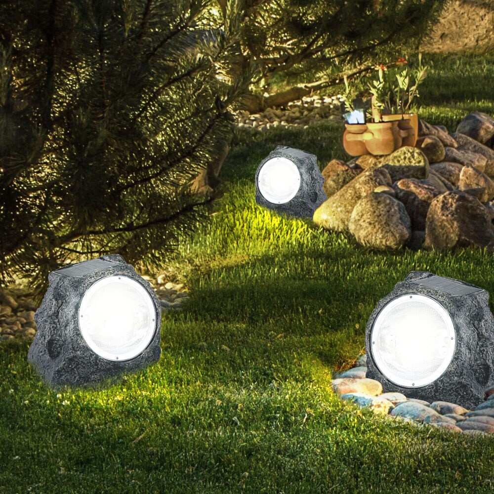 3er Set LED Solarleuchte, Stein, grau, H 10,5 cm