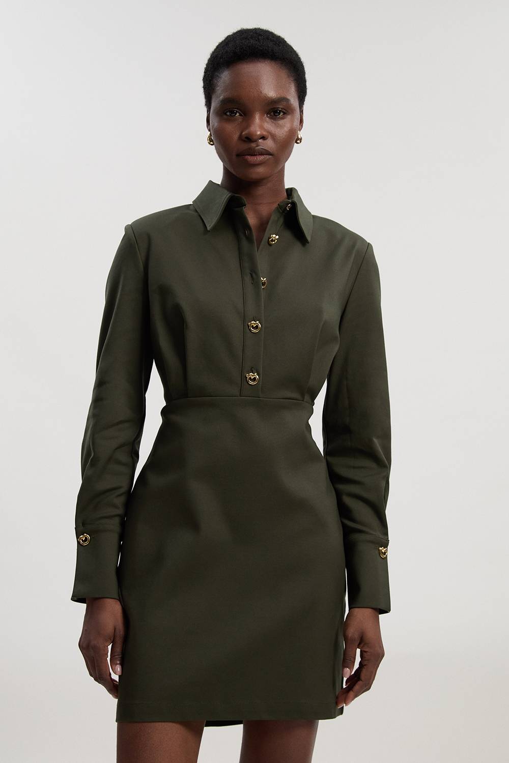 KarenMillen Robe Mini Tissée à Col en Coton Techno avec Détails de Quincaillerie Dorée