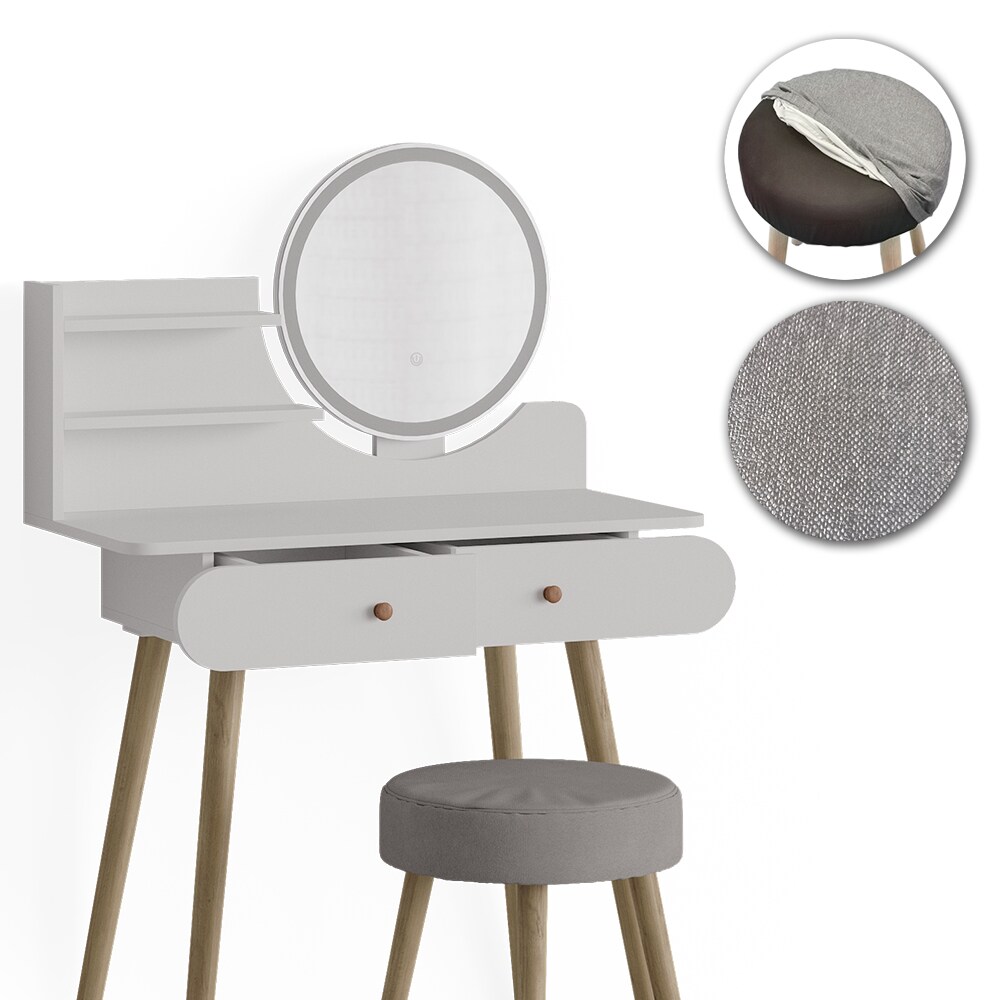 Vicco Schminktisch Frisiertisch Schminkkommode Edda Weiß LED-Spiegel Hocker 80x121 cm Skandi Schlafzimmer Kommode Schublade Ablage Aufbewahrung Kosmetiktisch Schminkkonsole Make-Up-Tisch