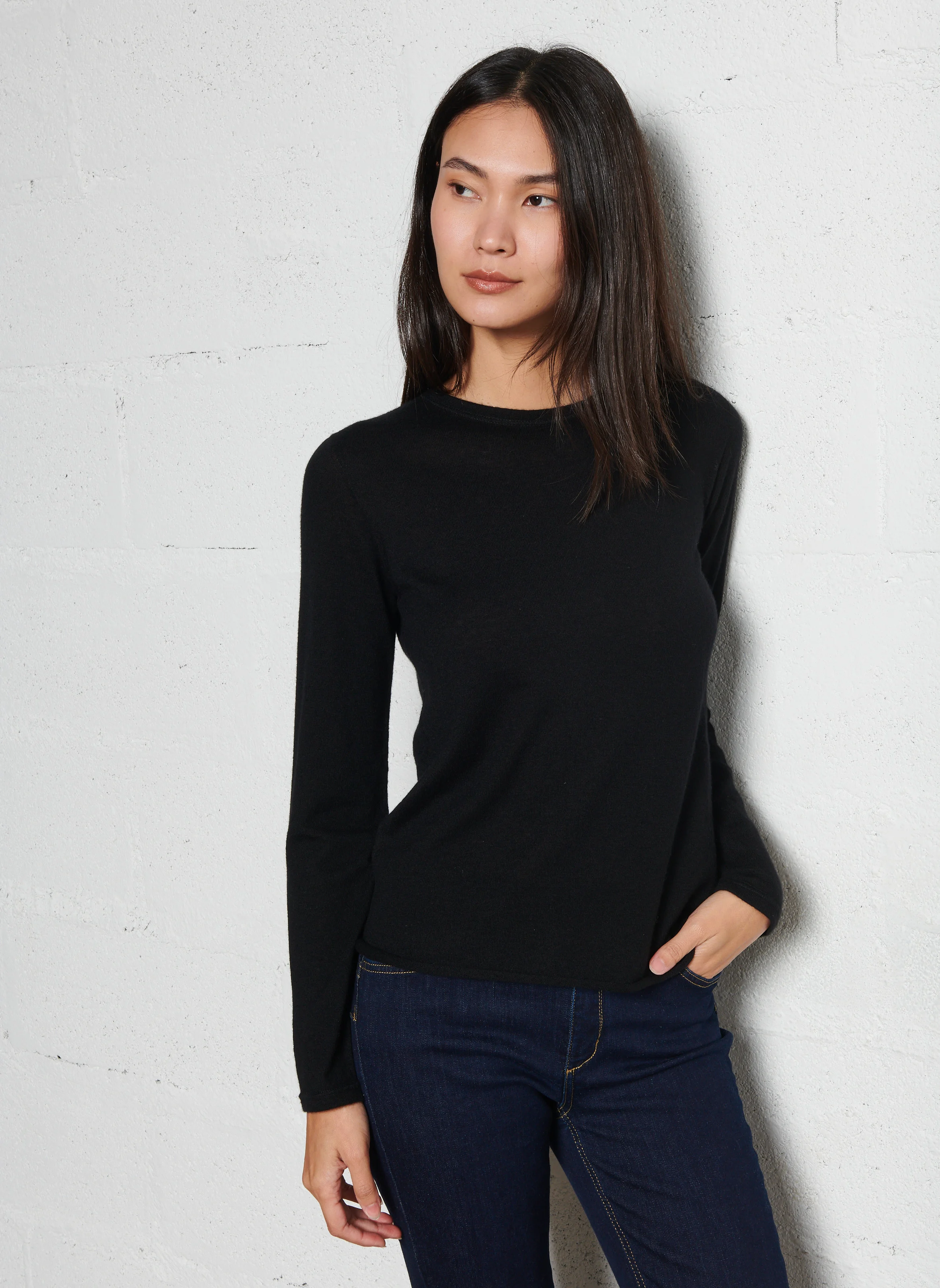 Pull fin col rond en cachemire | Noir
