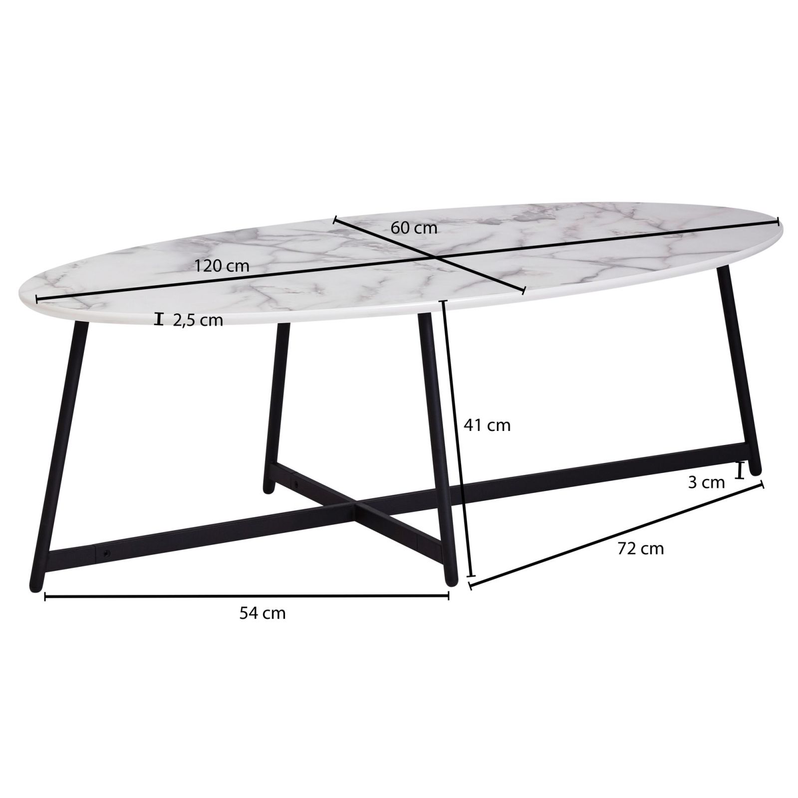 Beistelltisch - schwarz-weiße Marmoroptik - oval - 120 cm