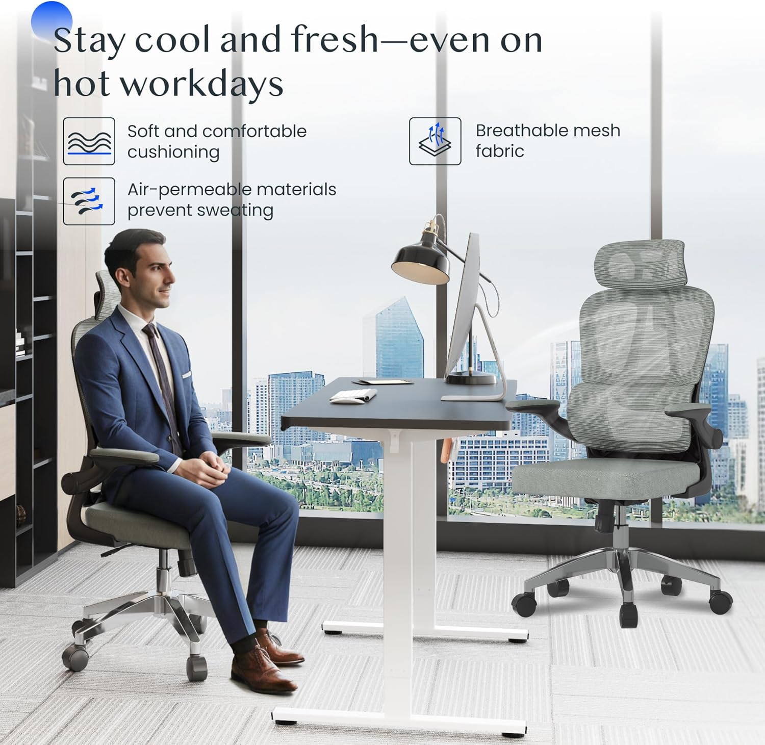 FLEXISPOT Ergonomischer Bürostuhl, Schreibtischstuhl mit 2D-Kopfstütze, Klappbare Armlehnen & Dynamische Lendenstütze, Stuhl mit 120° Wippfunktion für Homeoffice, Arbeitszimmer, Büro (Grau)