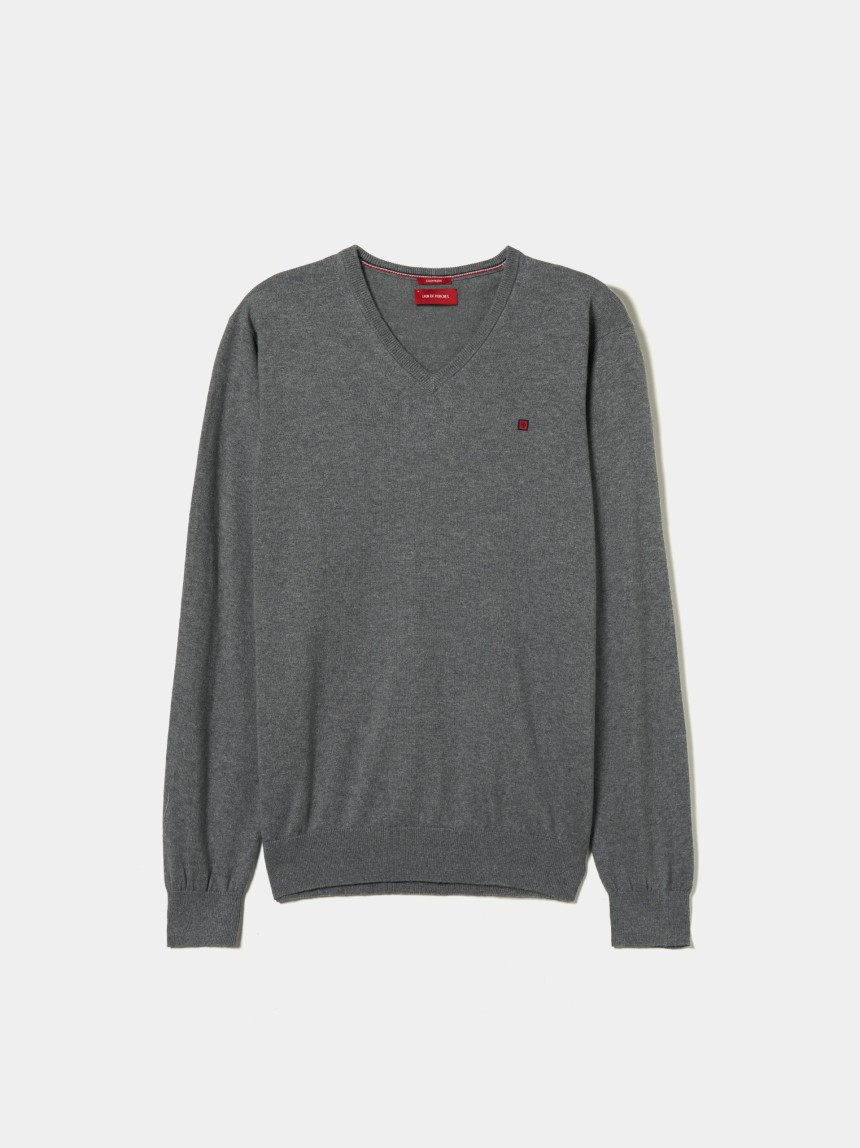 Pullover decote em V de algodão e caxemira
