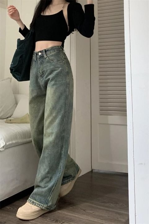 Kenning - Mid Waist Wash Wide Leg Jeans