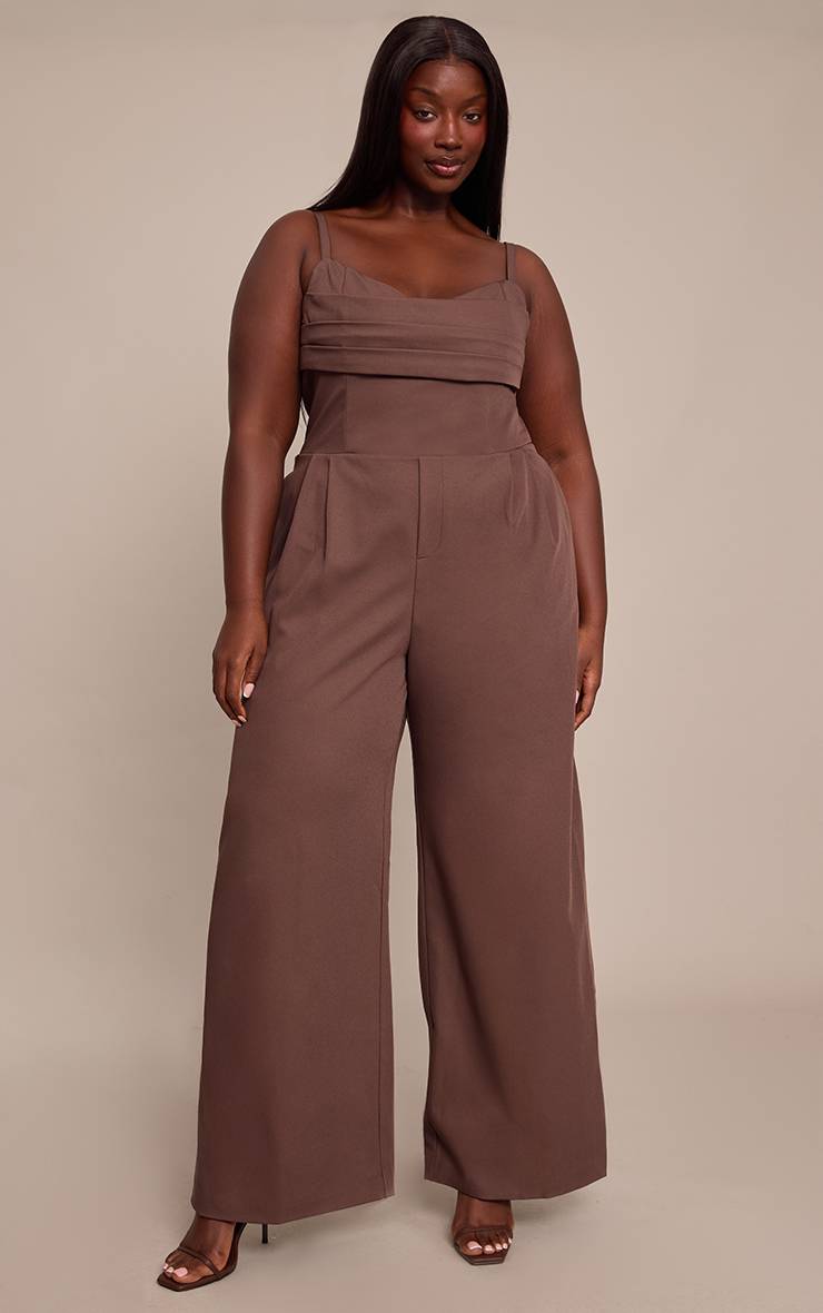 Chocolat Combinaison Pantalon Large Grande Taille Avec Détails De Panneaux Ajustés