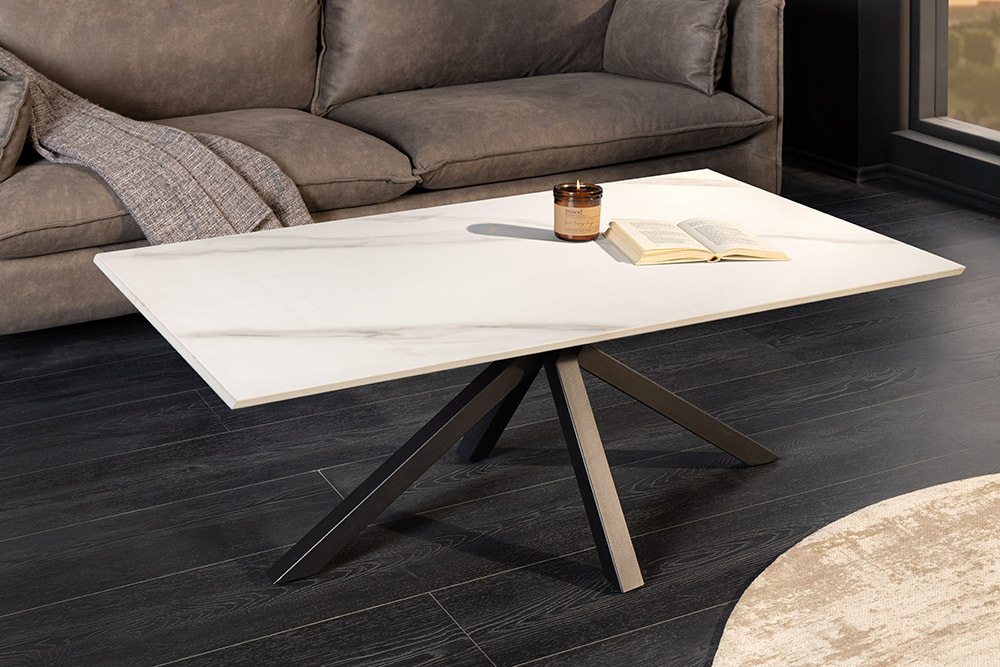 Moderner Couchtisch GALAXIE 100cm weiß Keramik schwarz Metall Sterngestell