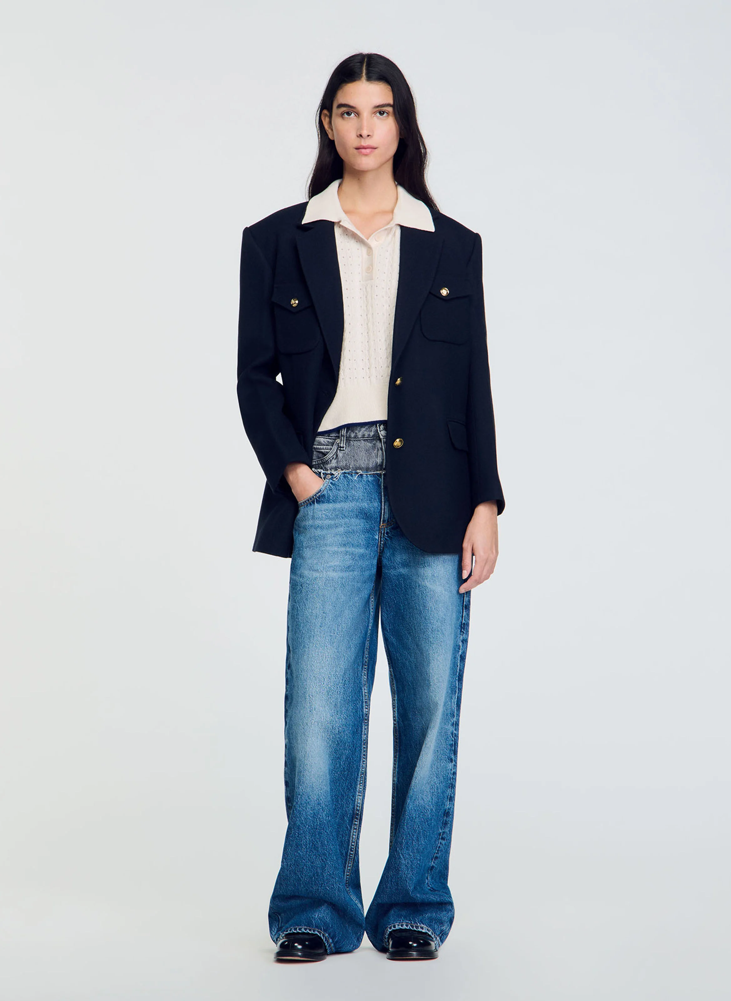 Pull court maille pointelle en laine et cachemire | Blanc