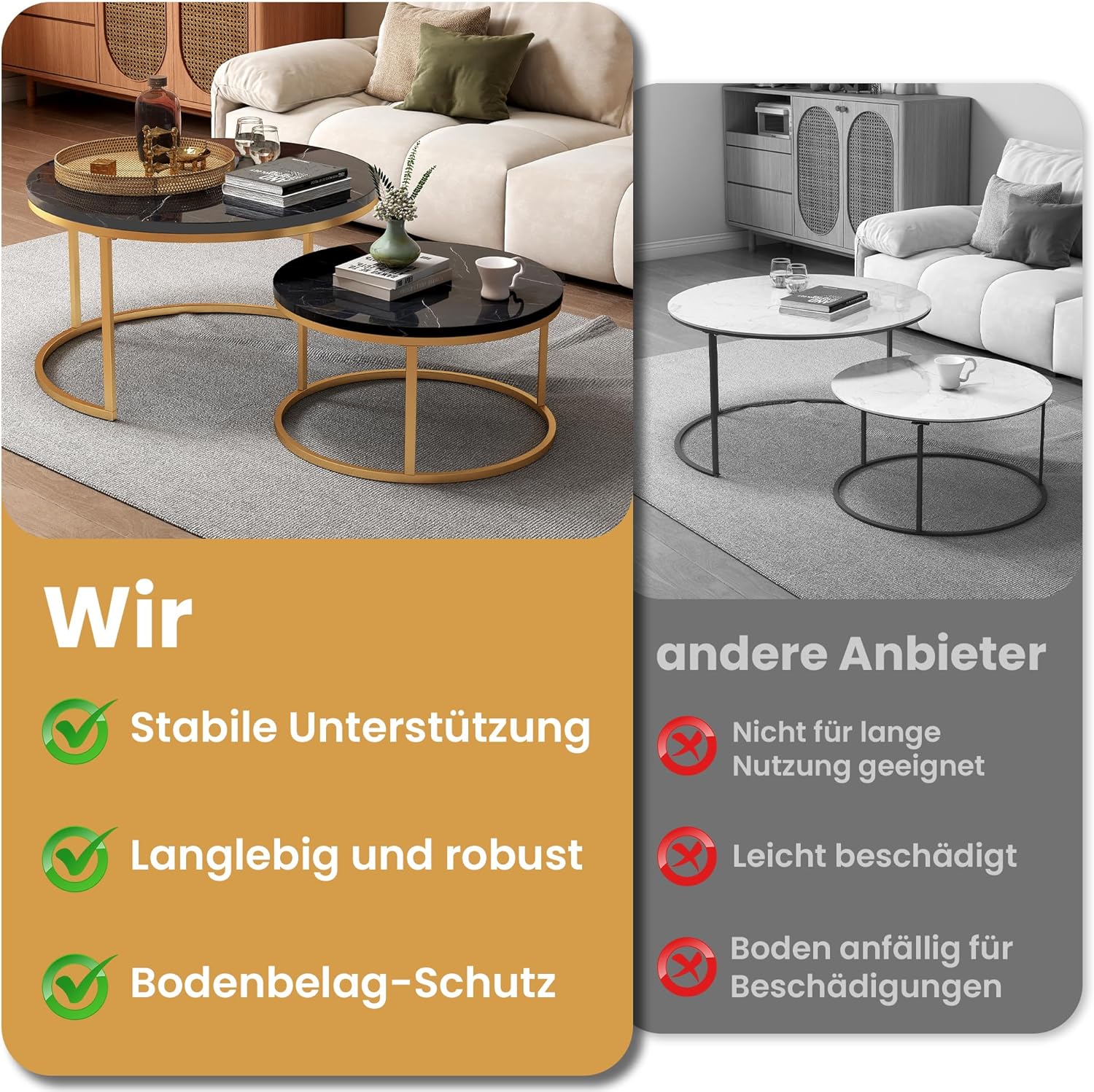 okwish Set mit 2 Runden Couchtischen, satztische fürs Wohnzimmer, Mit Schwarz MDF-Tischplatte Gold Metallrahmen, Ideal für Wohnzimmer, Balkon und Büro, Größe 80x45+60x33,5 cm
