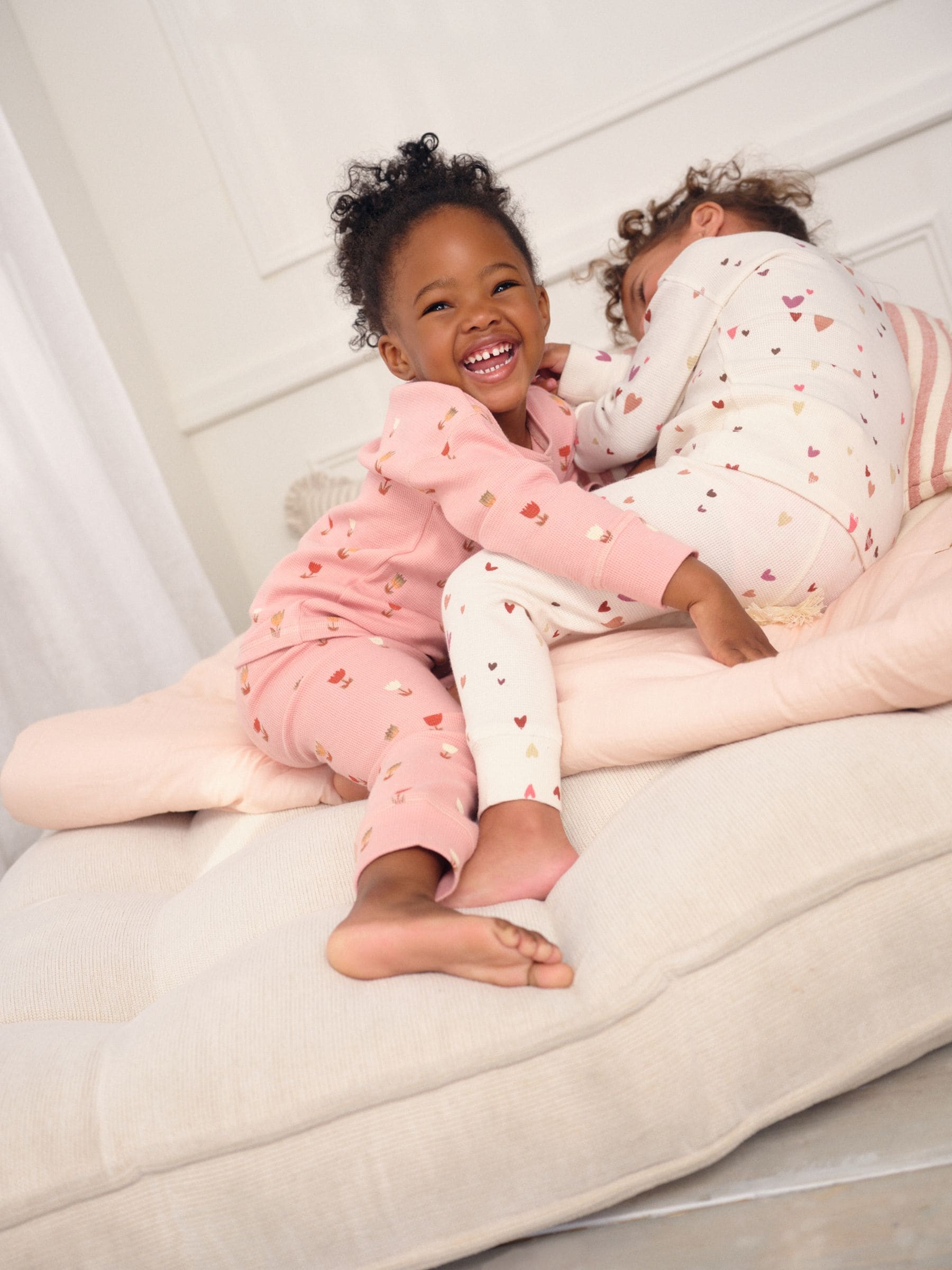 Ecru/Roze Harten - Set van 2 wafelpyjama's (9mnd-12jr)