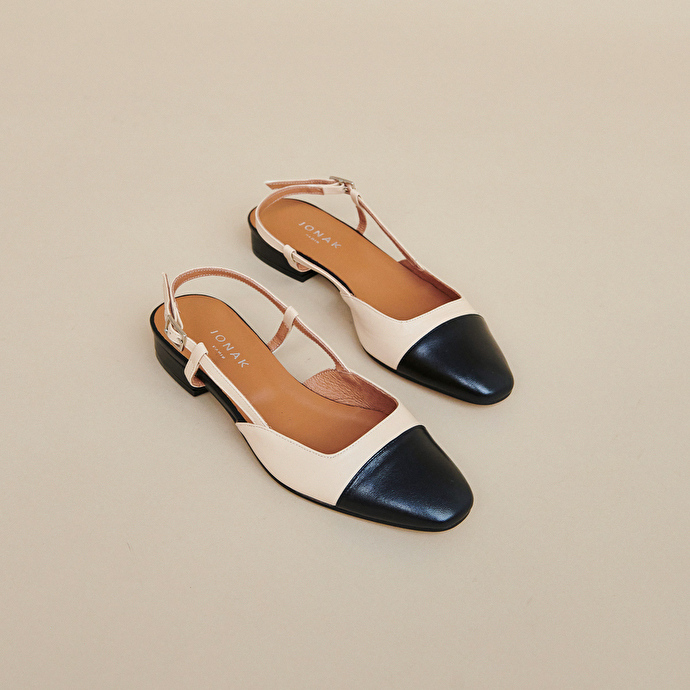 Ballerines ouvertes  en cuir noir et beige
