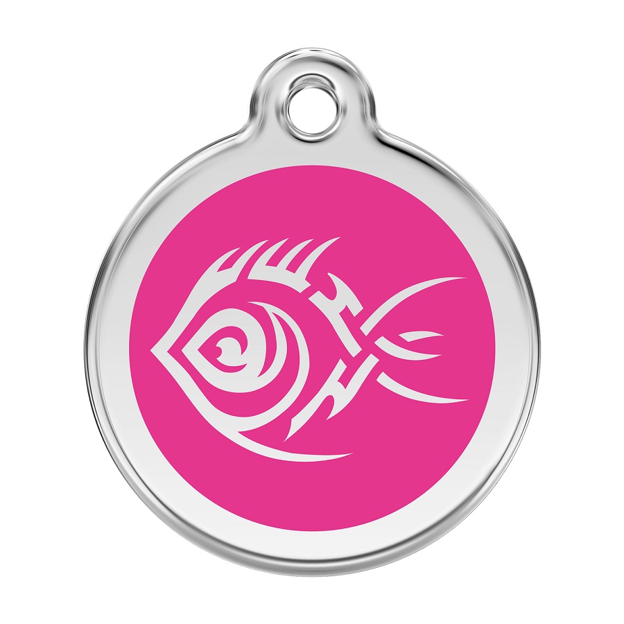 Placa de identificação para cães em aço inoxidável esmaltado com desenho tribal de peixe rosa choque