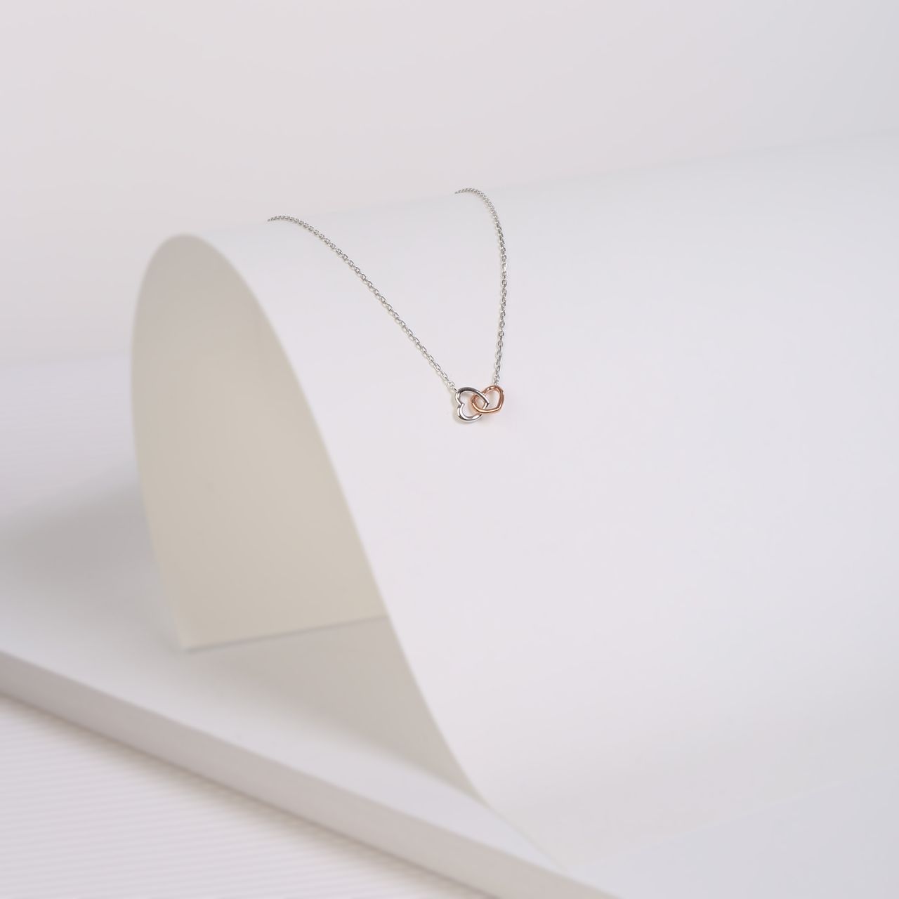 Zilveren ketting&hanger 2harten zilver/rose