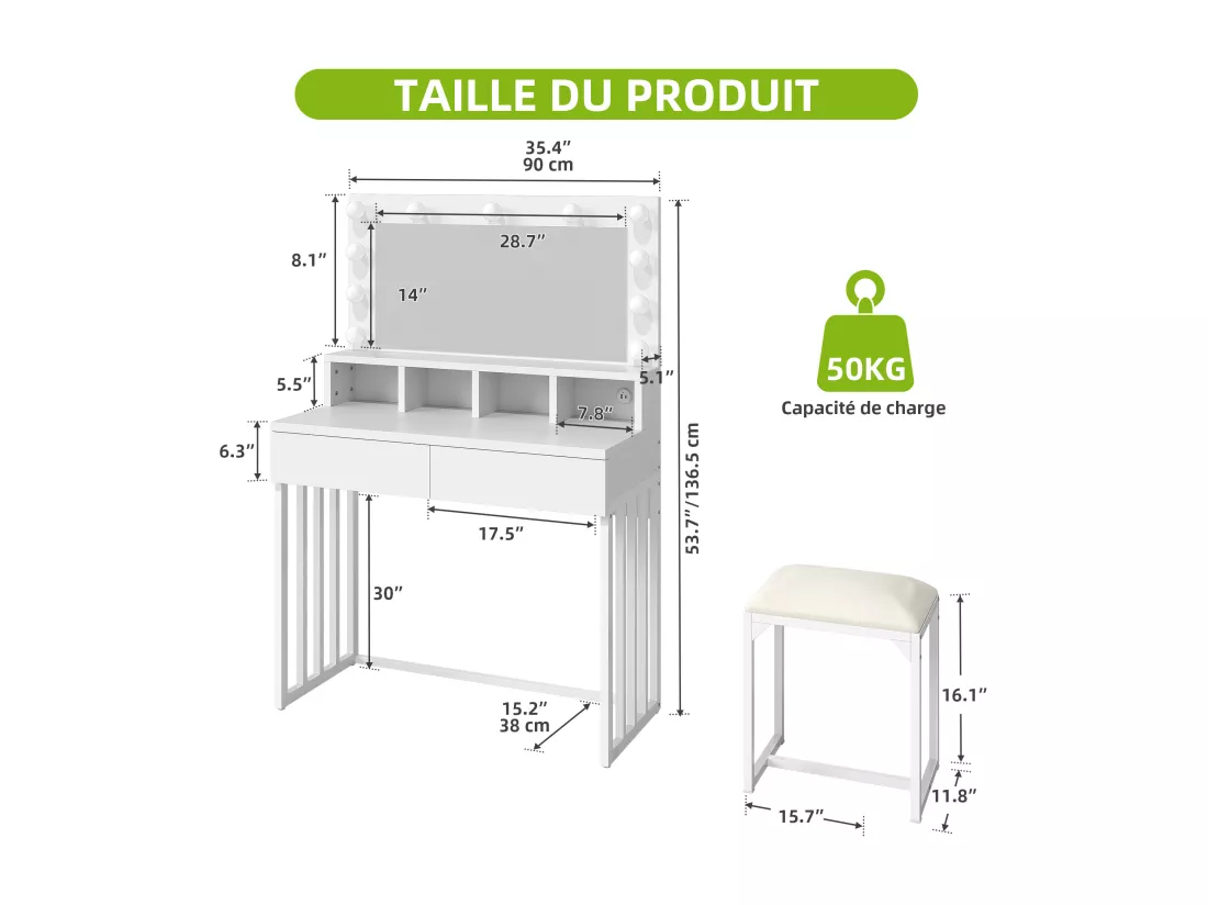 YITAHOME Coiffeuse avec Éclairage Coiffeuse avec Miroir et Taburet - Coiffeuse avec 2 Tiroirs - Blanche