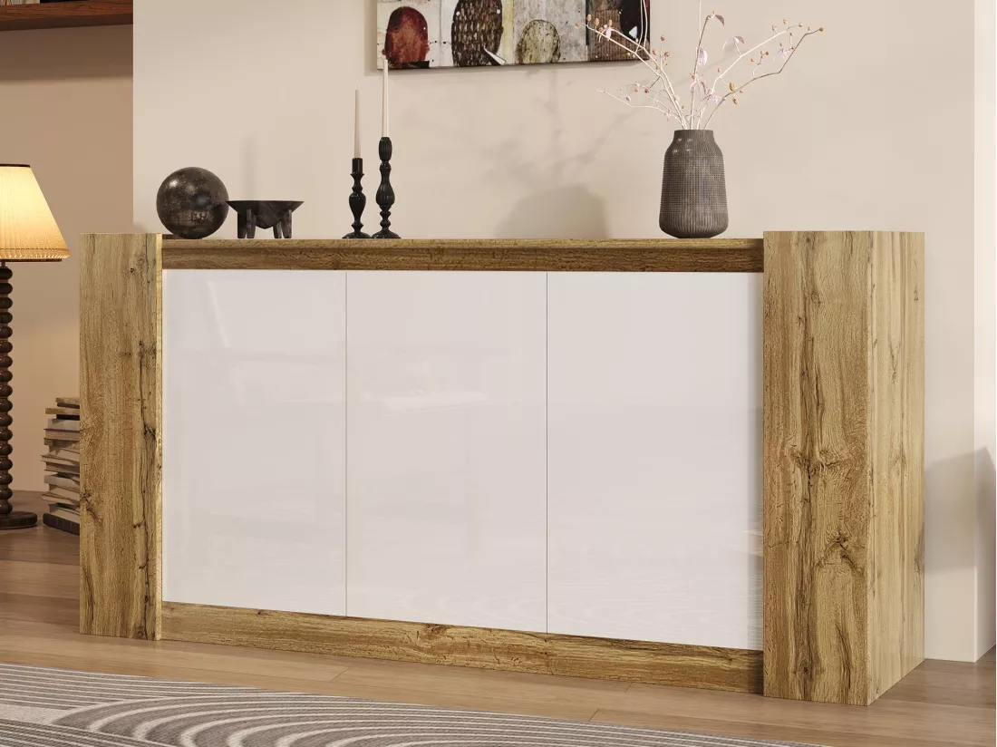 Buffet 150x40x70.5cm - 3 portes - design sans poignées - étagères réglables - blanc + naturel