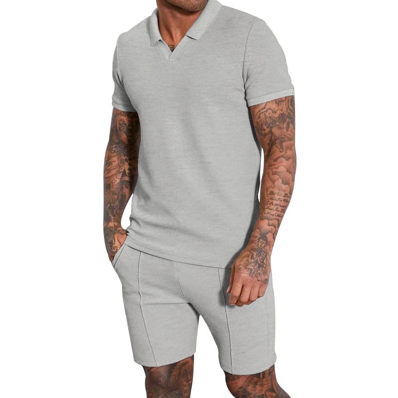 Dubbel Wit - Set: Effen top met korte mouwen en kraag + shorts